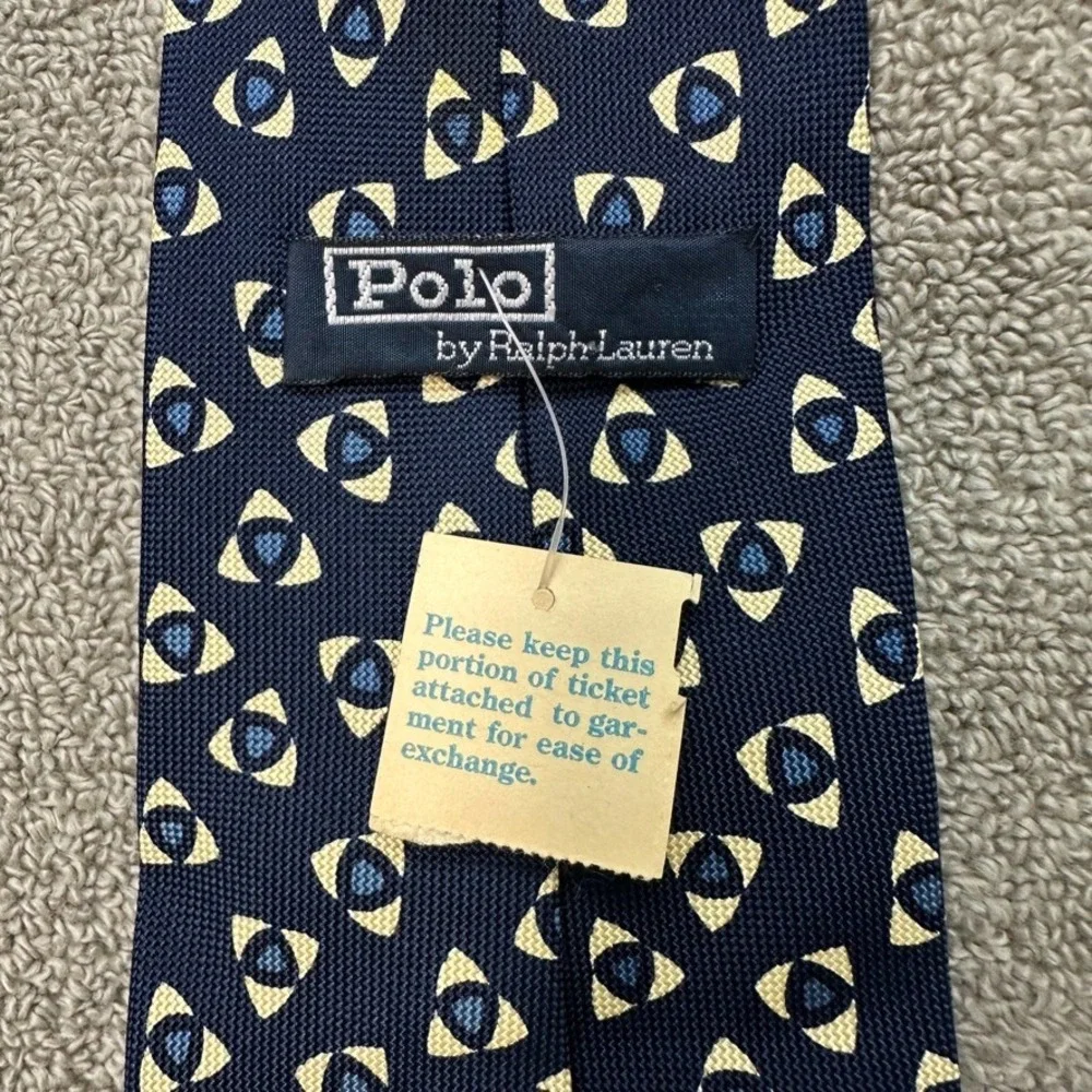 NWT Polo Ralph Lauren Silk Tie Navy Blue Geometric Eye Pattern Vintage USA Made